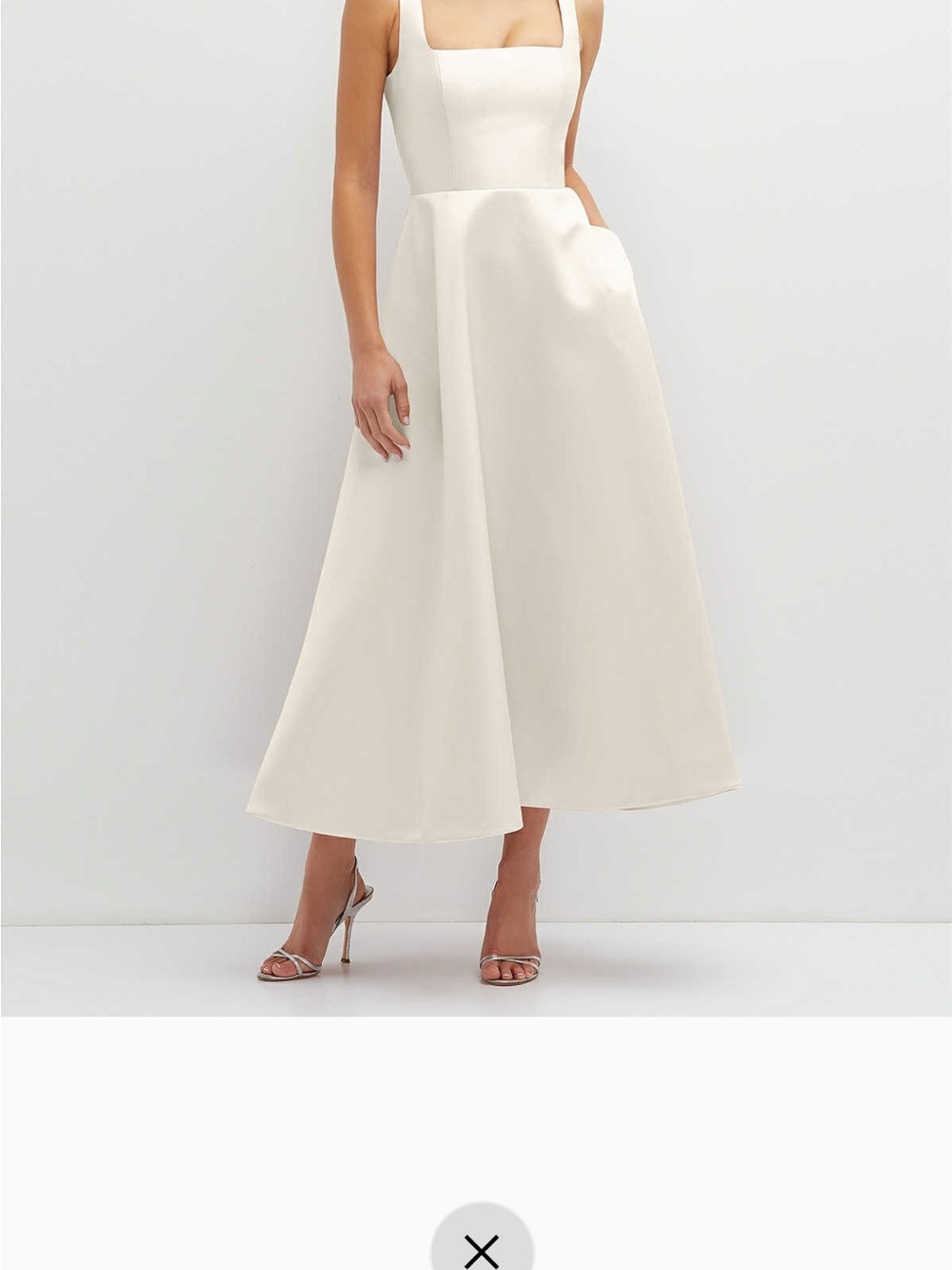 SQUARE NECK SATIN MIDI DRESS WITH FULL SKIRT & POCKETS